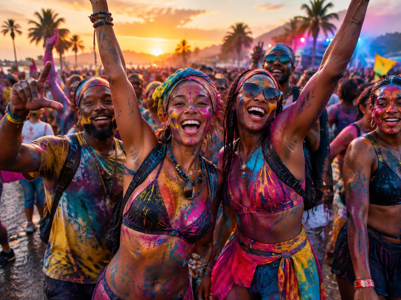 Revellers celebrating J’ouvert together at sunrise